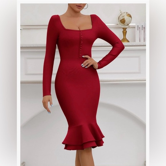 Brand new Elegant Red Long Sleeve Bodycon Dress - Picture 1 of 6